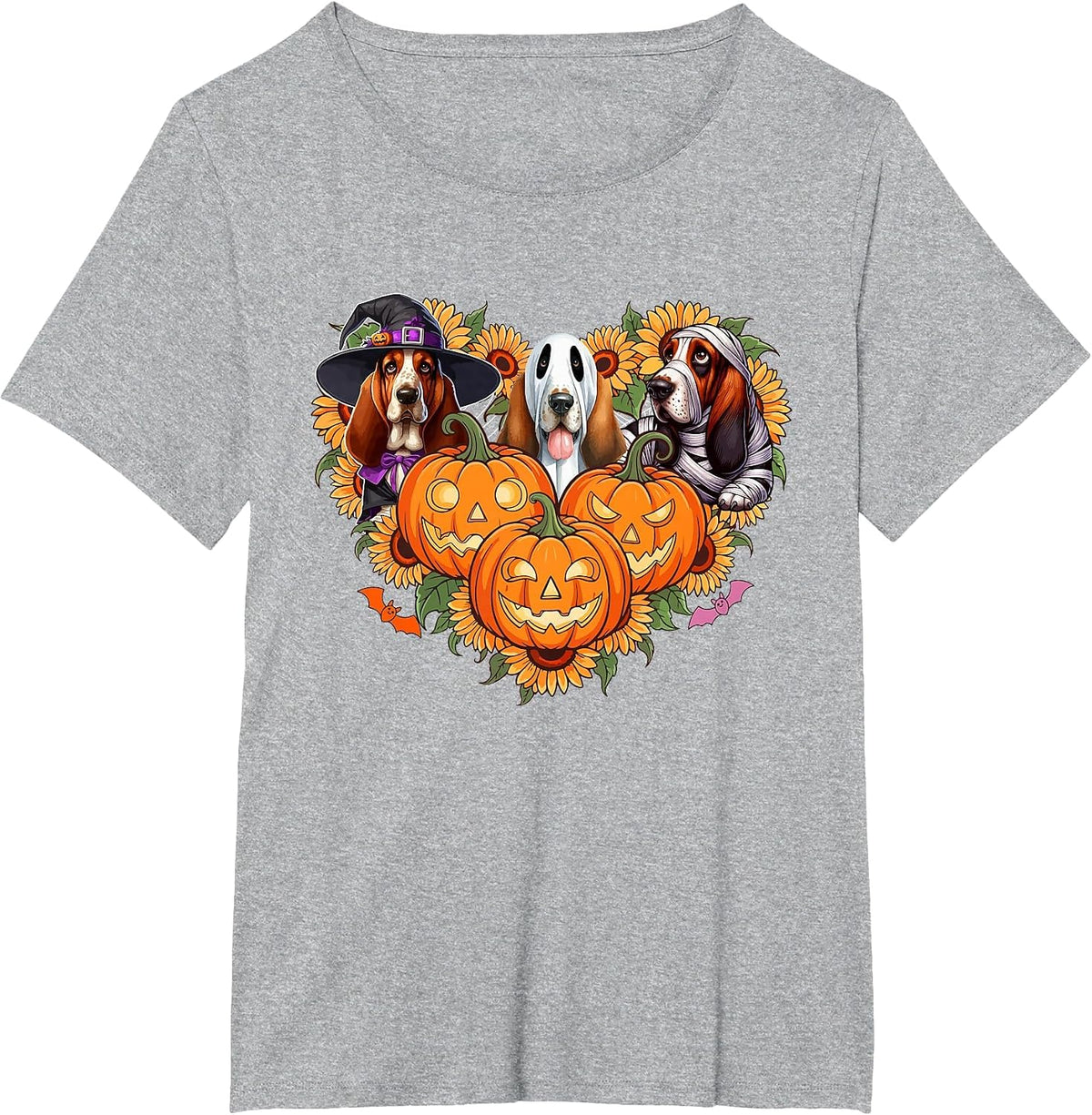 Three Halloween Basset Hounds Cosplay Witch Boo Mummy T-Shirt - Heather Grey