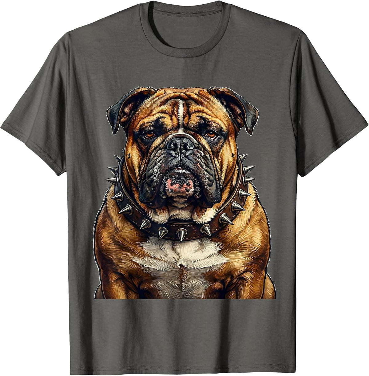 Tough Bulldog Spiked Collar Graphic Design T-Shirt - Asphalt Grey