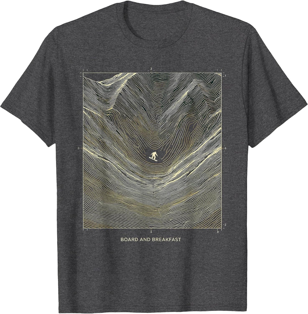 Board And Breakfast Topographic Contour Snowboarder Humor T-Shirt - Dark Heather Grey