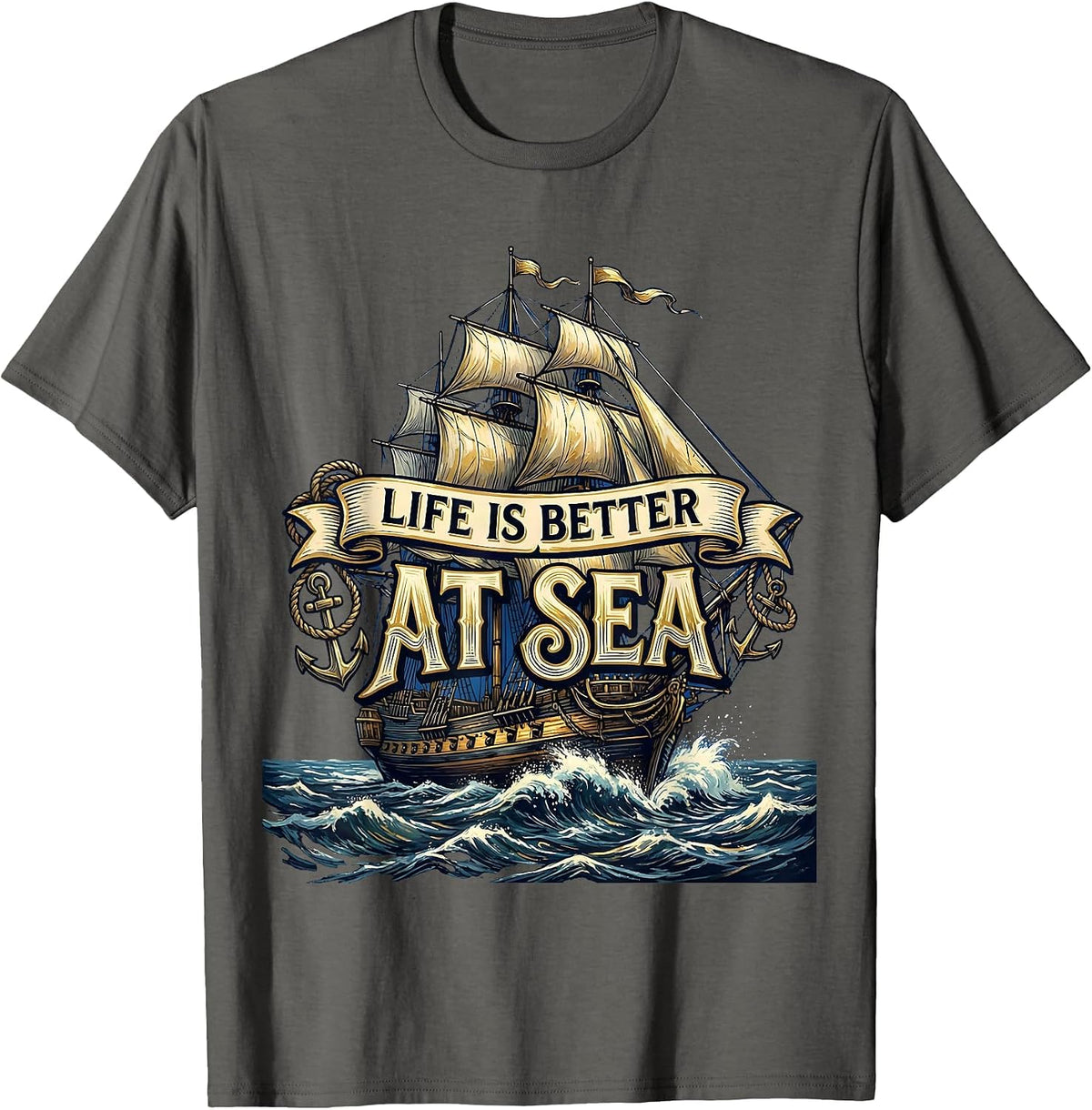 Men's Life Is Better At Sea Navy Ocean Design T-Shirt - Asphalt Grey