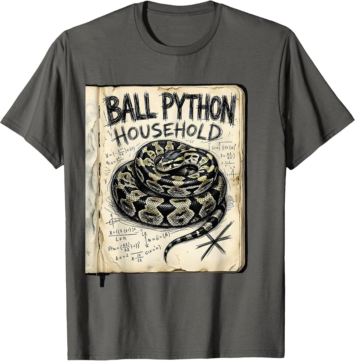 Ball Python Household Hand-Sketched Snake Lover Humor T-Shirt - Asphalt Grey