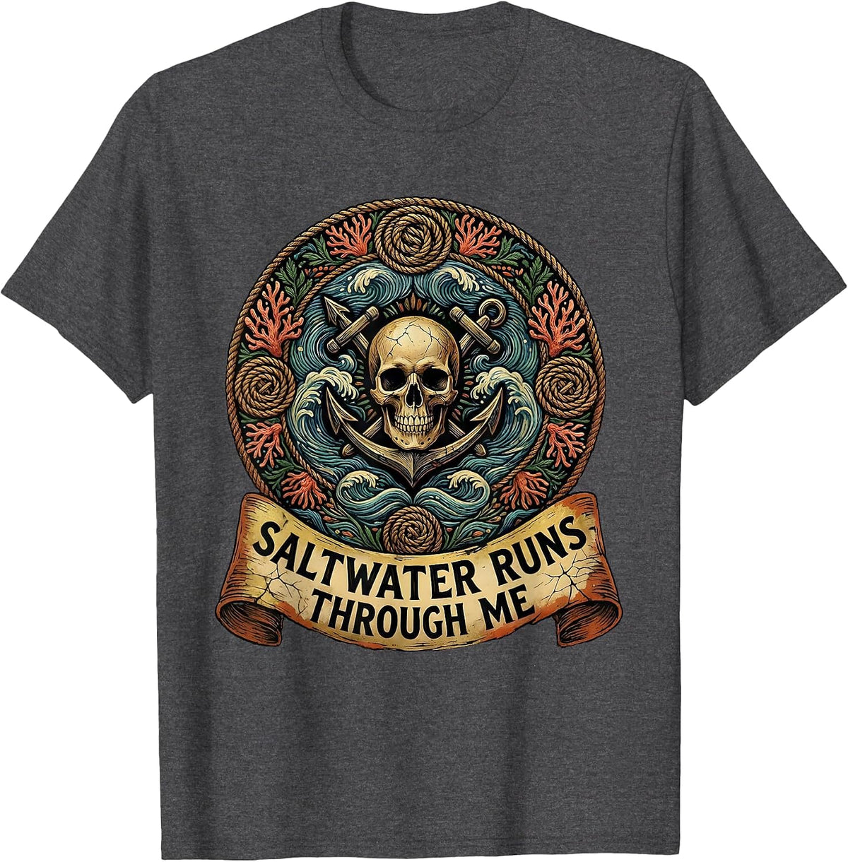 Men's Saltwater Runs Through Me Pirate Design T-Shirt - Dark Heather Grey
