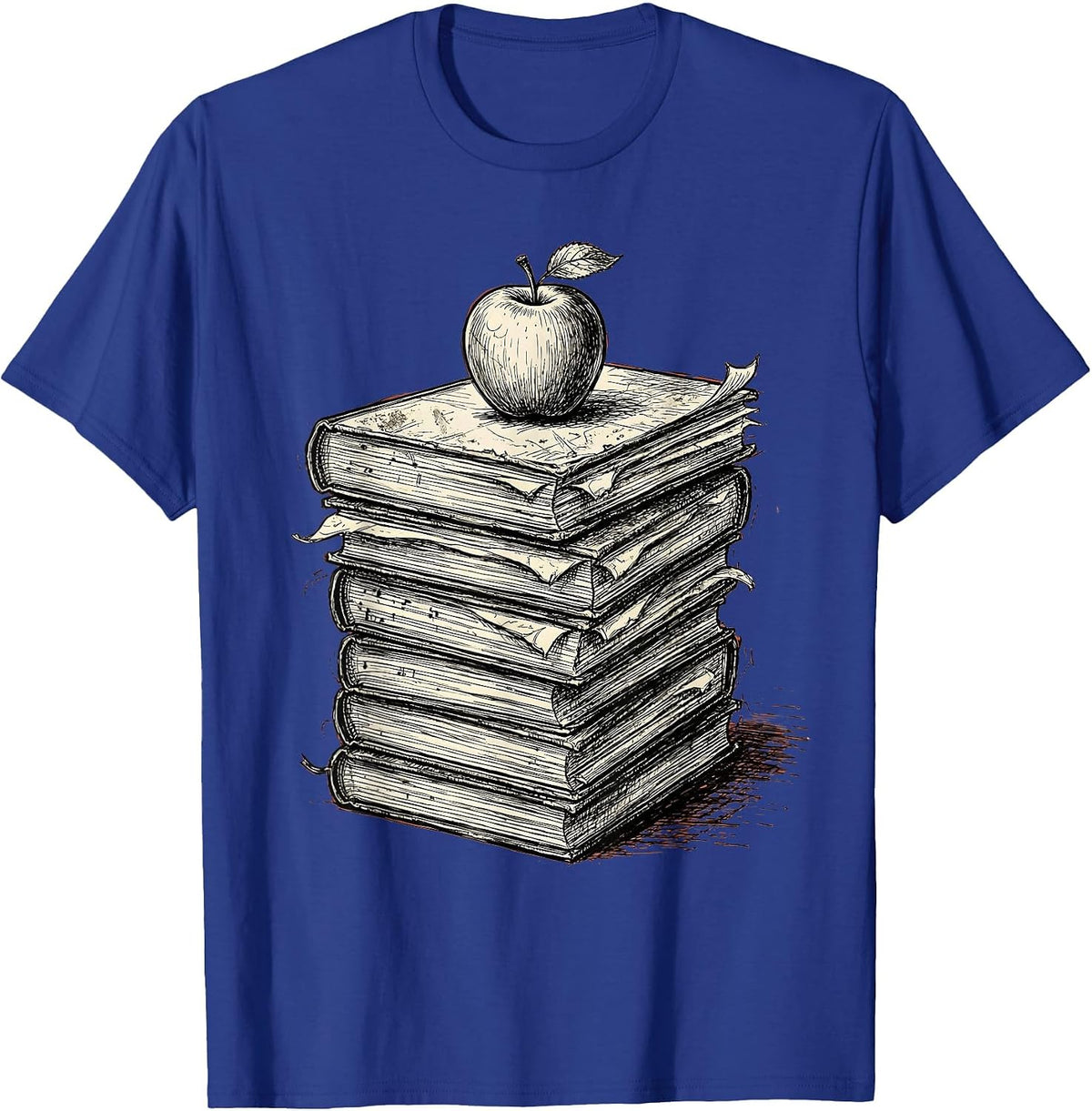 Music Teacher Worn Books and Apple Graphic T-Shirt - Royal Blue