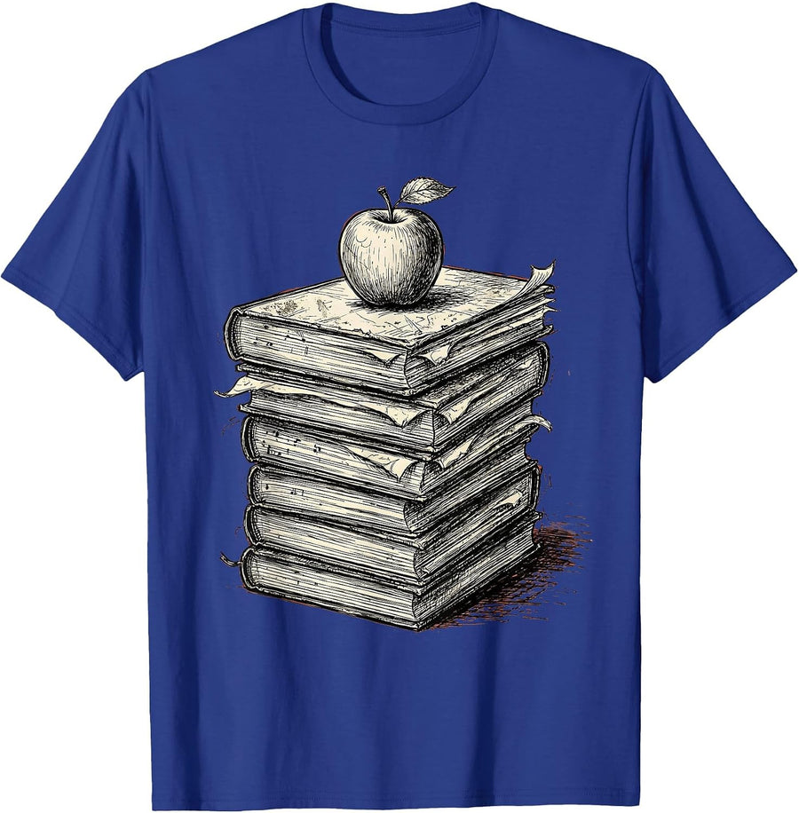 Music Teacher Worn Books and Apple Graphic T-Shirt - Royal Blue