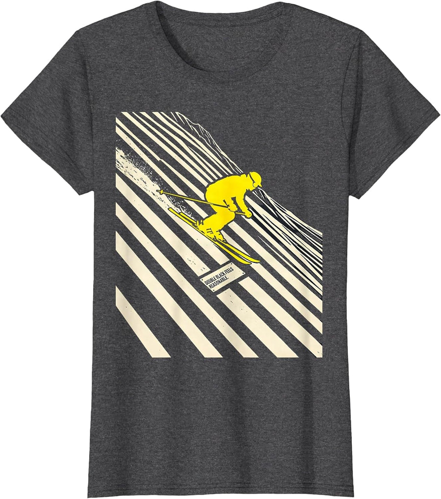Women's Double Black Feels Reasonable Funny Vintage Ski Snowboard T-Shirt - Dark Heather Grey