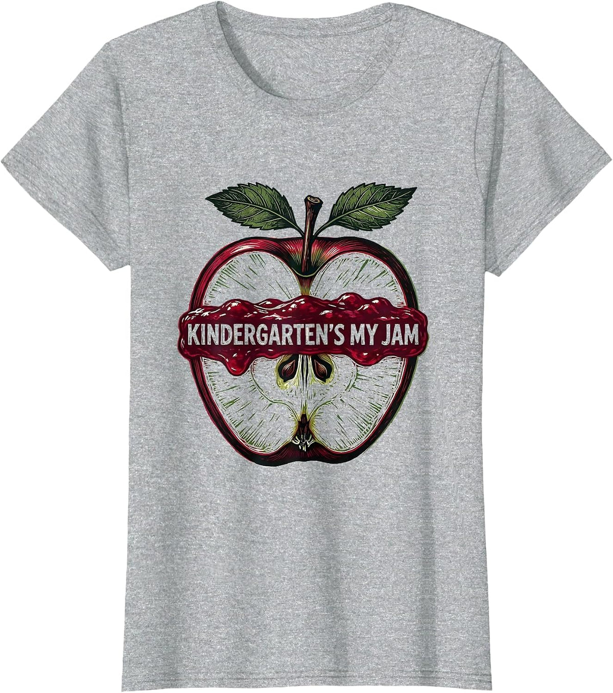 Kindergarten's My Jam Linocut Strawberry Teacher Back T-Shirt - Heather Grey