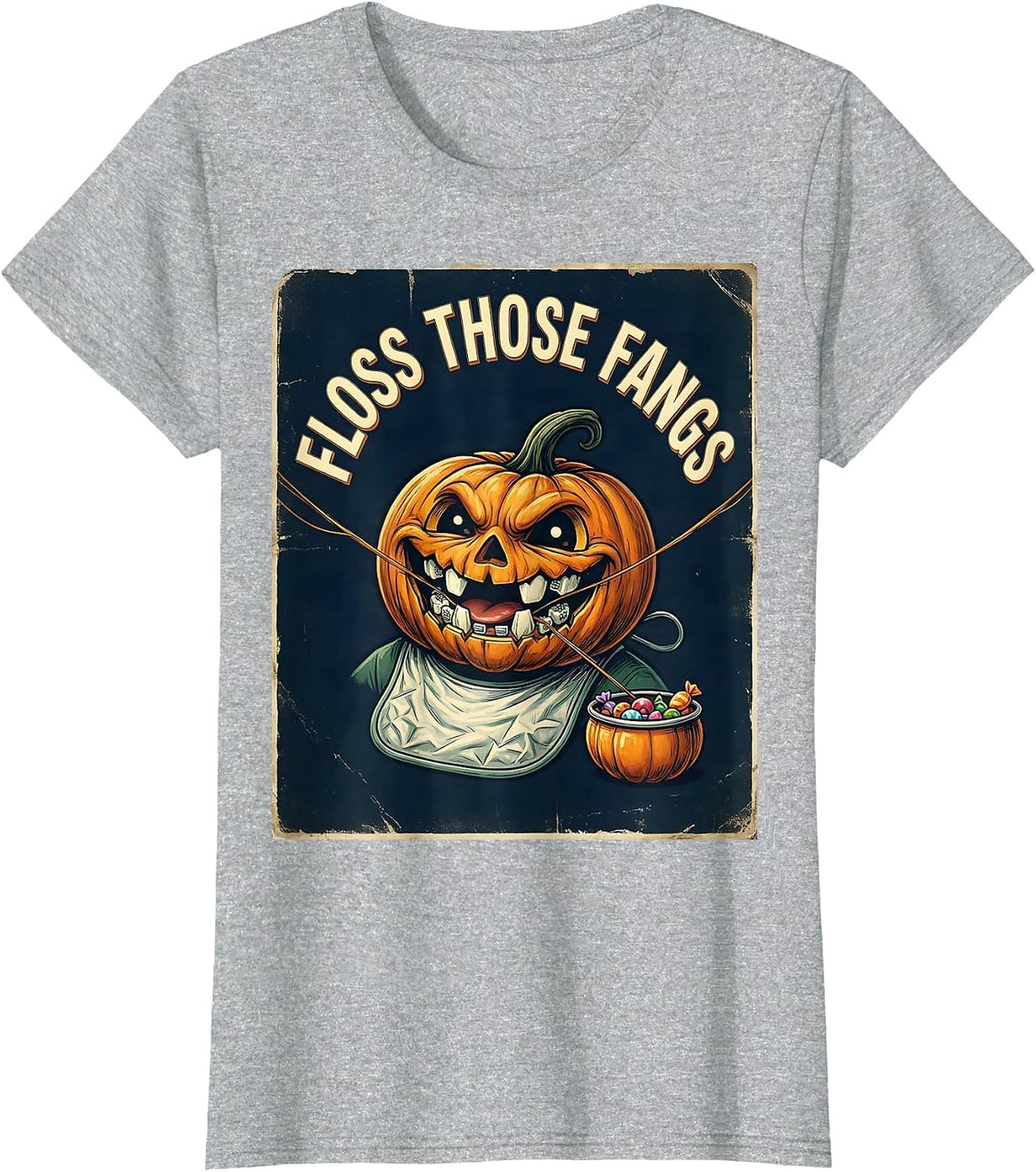 Women's Floss Those Fangs Vintage Halloween Dentist Dental Humor T-Shirt - Heather Grey