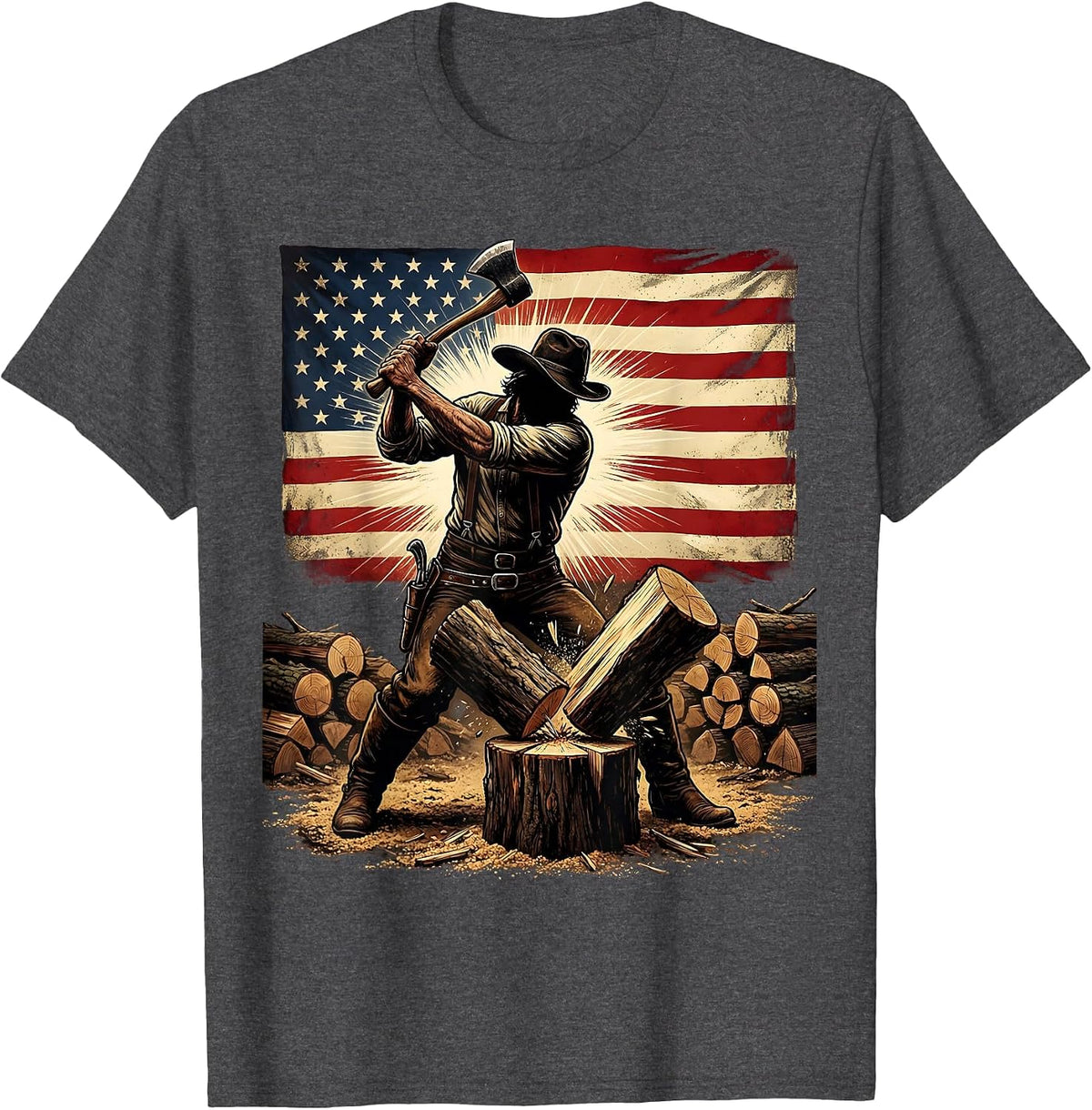 American Flag Wood Chopper Patriotic Graphic T-Shirt - Dark Heather Grey