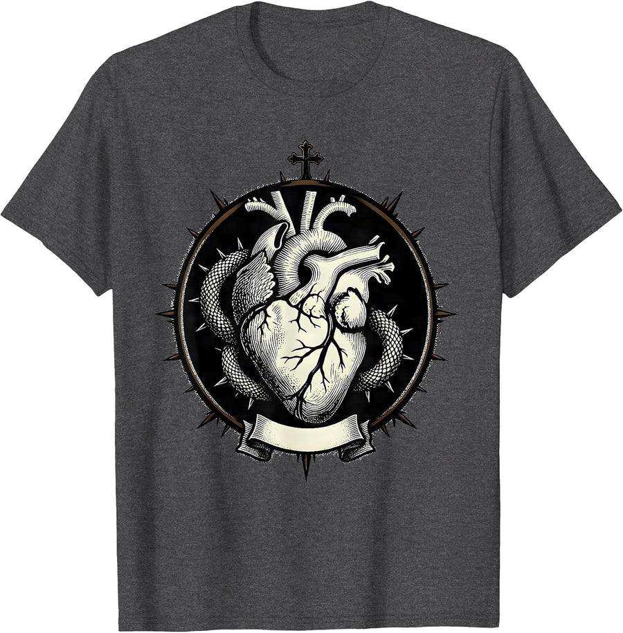 Men's Heart Serpent Shield Alt Goth Y2K Grunge Streetwear T-Shirt - Dark Heather Grey