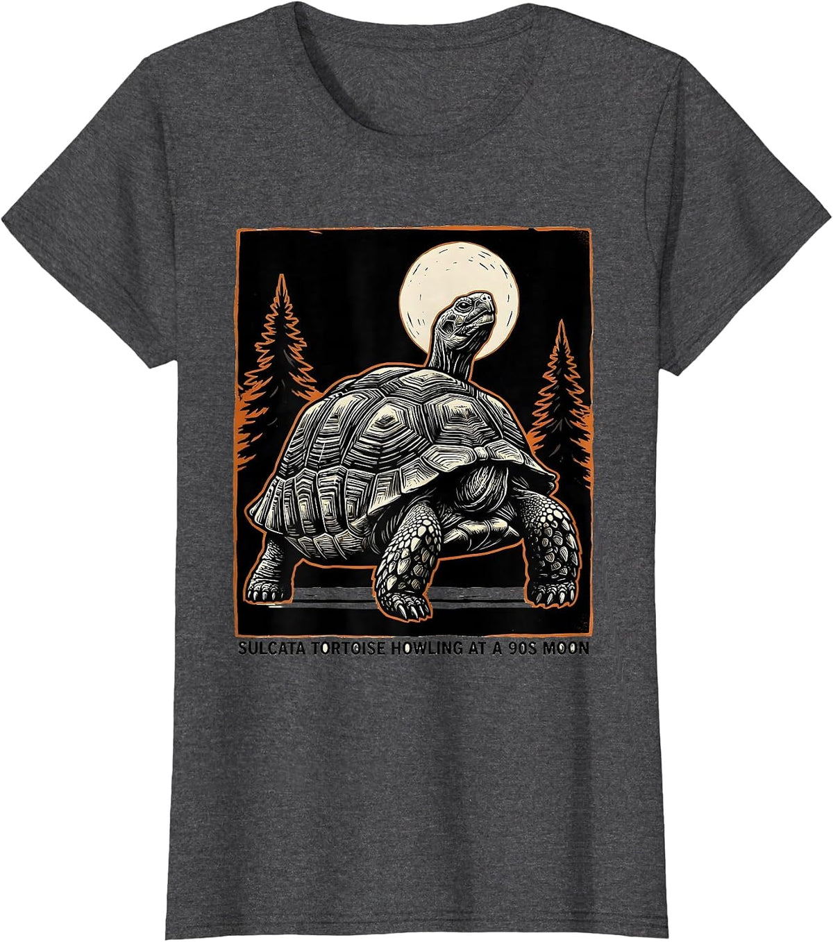 Women's Sulcata Tortoise Howling at a 90s Moon 90's Retro Pet Lover T-Shirt - Dark Heather Grey