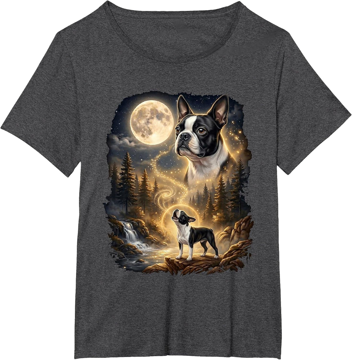 Boston Terrier Howling At The Moon Retro T-Shirt - Dark Heather Grey