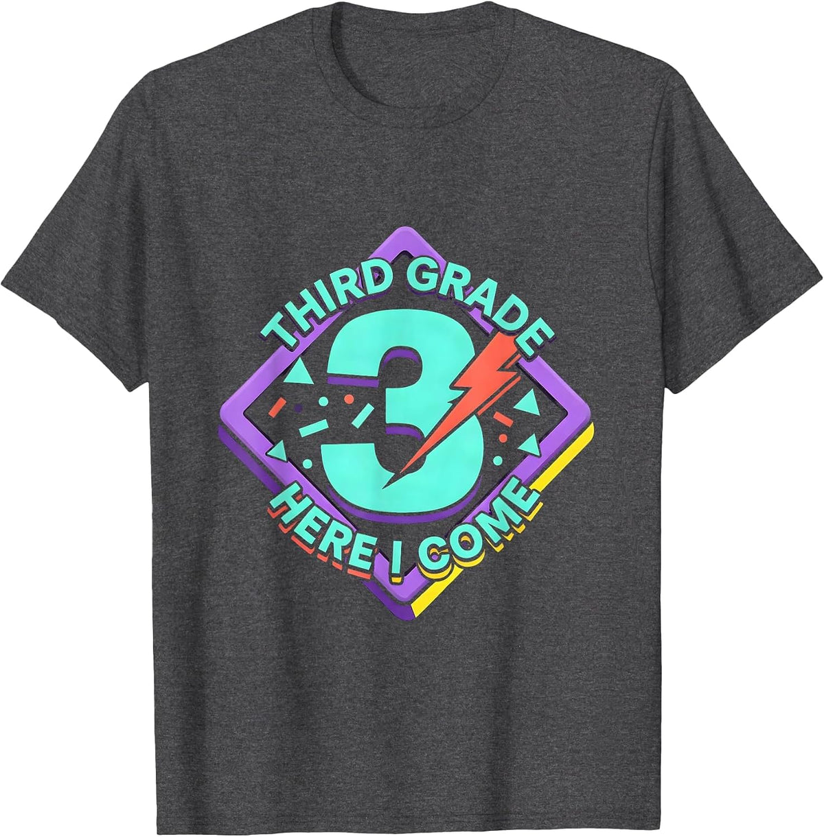 Third Grade Here I Come Retro Teacher Lightning Bolt T-Shirt - Dark Heather Grey