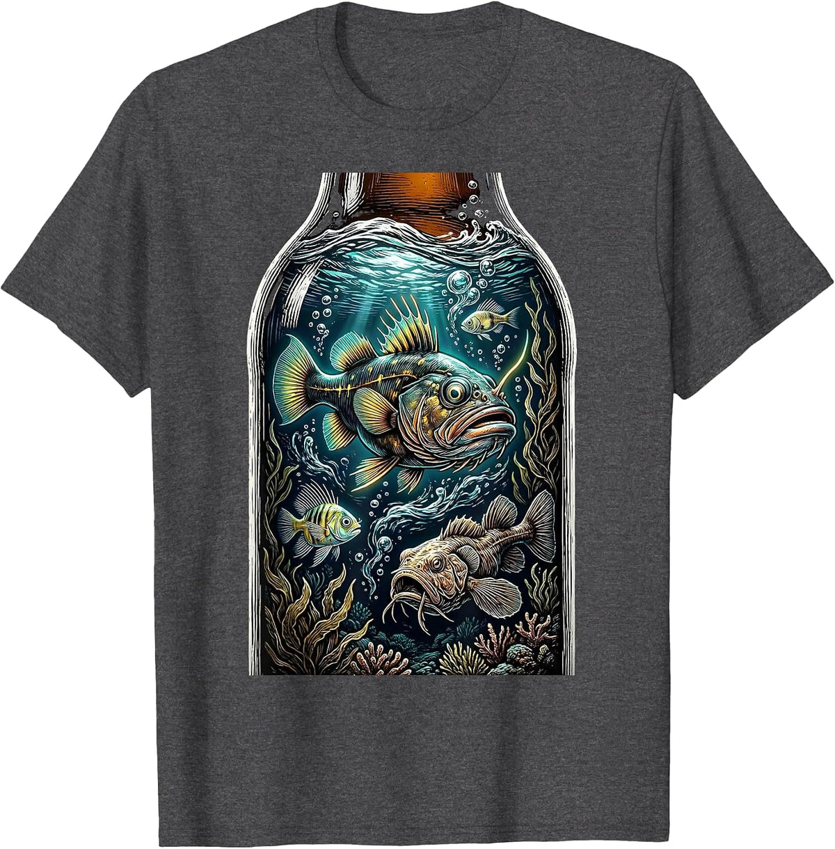 Men's Deep Sea Fish in a Beer Bottle Illustration T-Shirt - Dark Heather Grey