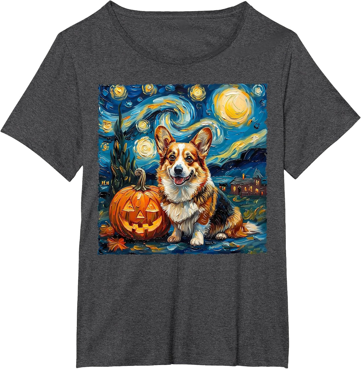 Pembroke Welsh Corgi Pumpkin Starry Night Style Halloween T-Shirt - Dark Heather Grey