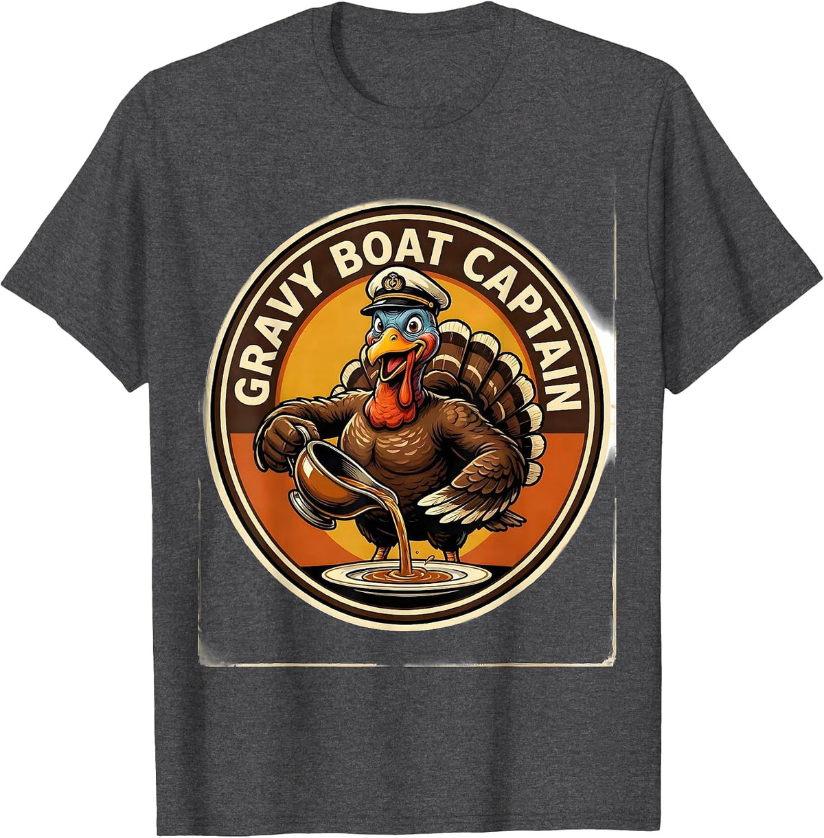 Men's Gravy Boat Captain Retro Thanksgiving Family Crew Turkey T-Shirt - Dark Heather Grey