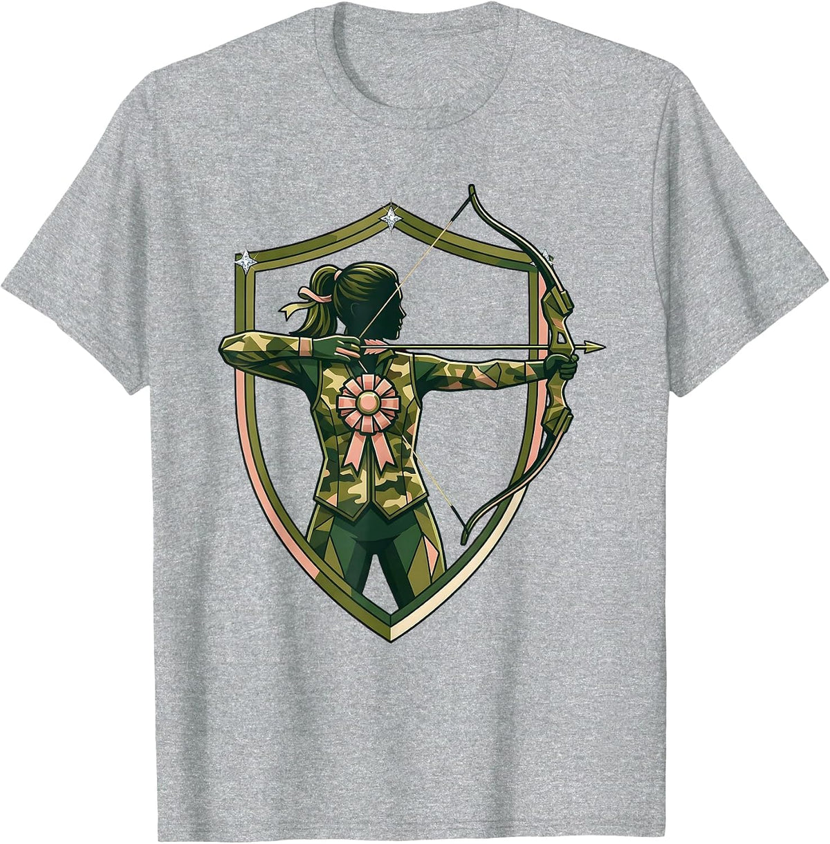 Men's Camo Archer Drawing Back Bow Illustration T-Shirt - Heather Grey
