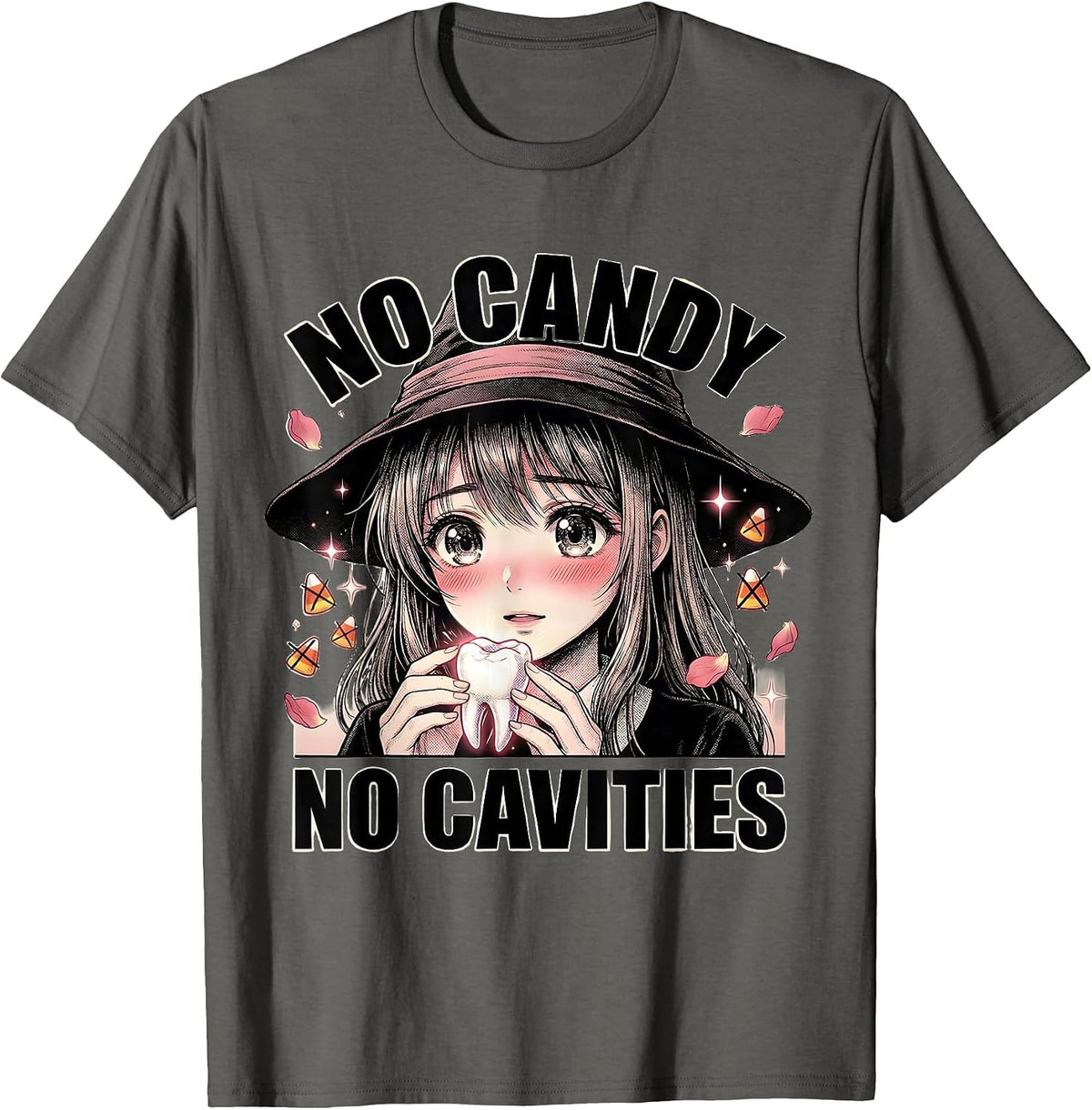 Men's No Candy No Cavities Halloween Dental Design T-Shirt - Asphalt Grey