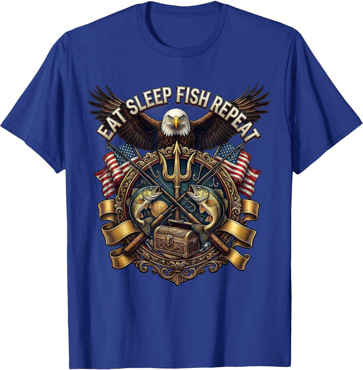 Eat Sleep Fish Repeat Fishing Graphic Design T-Shirt - Royal Blue
