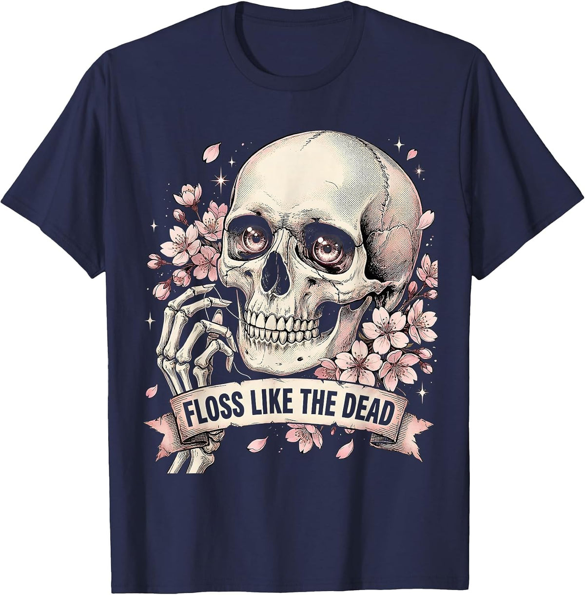 Men's Floss Like the Dead Dental Halloween Design T-Shirt - Navy Blue