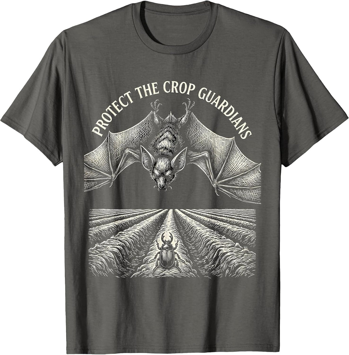 Protect The Crop Guardians Woodcut Engraving Bat Lover T-Shirt - Asphalt Grey