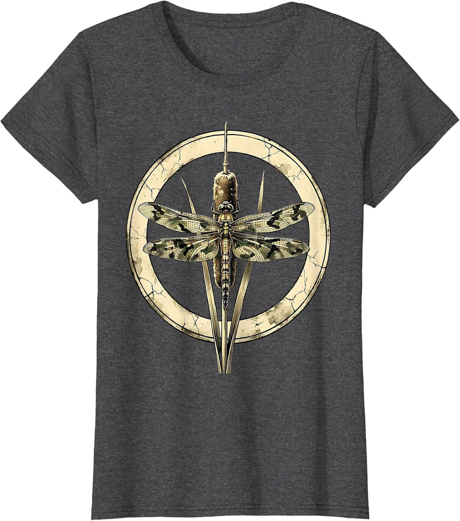 Women's Camo Dragonfly on Cattail Reed Nature Design T-Shirt - Dark Heather Grey