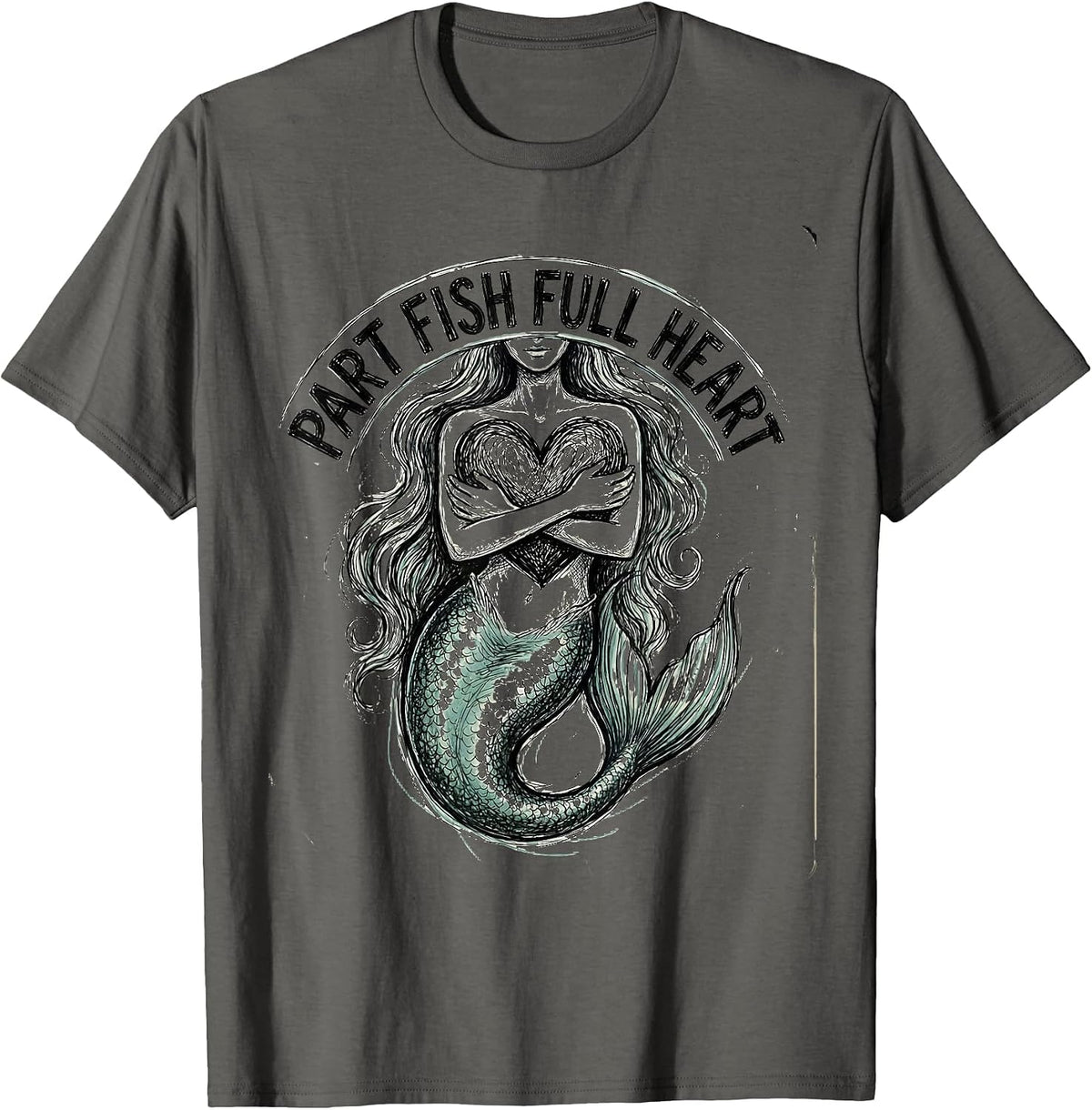 Part Fish Full Heart Mermaid Design T-Shirt - Asphalt Grey
