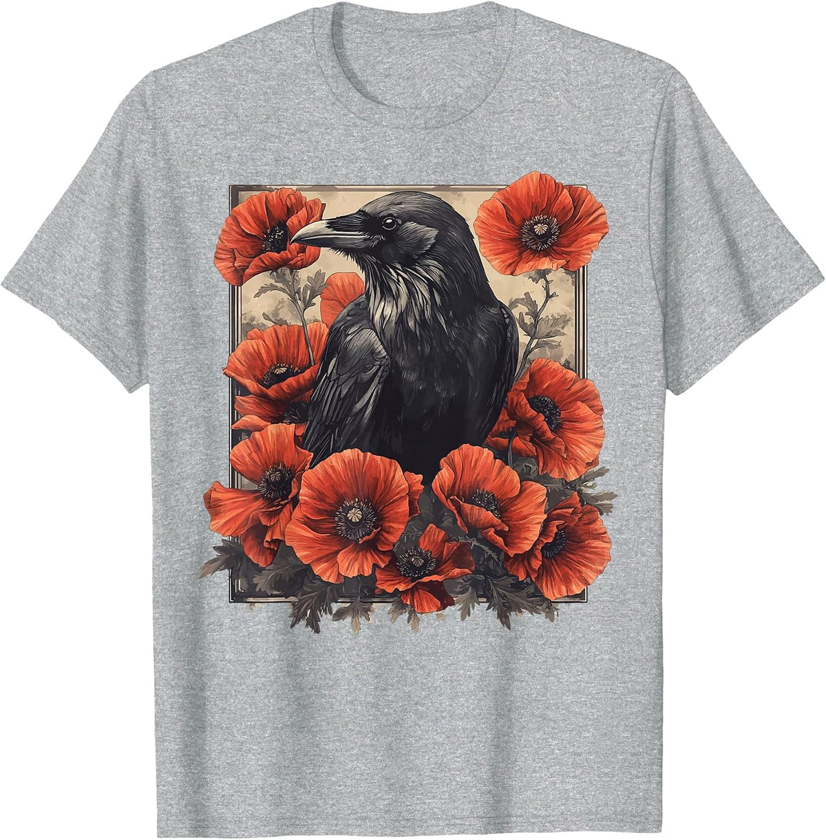 Raven Red Flowers Floral T-Shirt - Heather Grey
