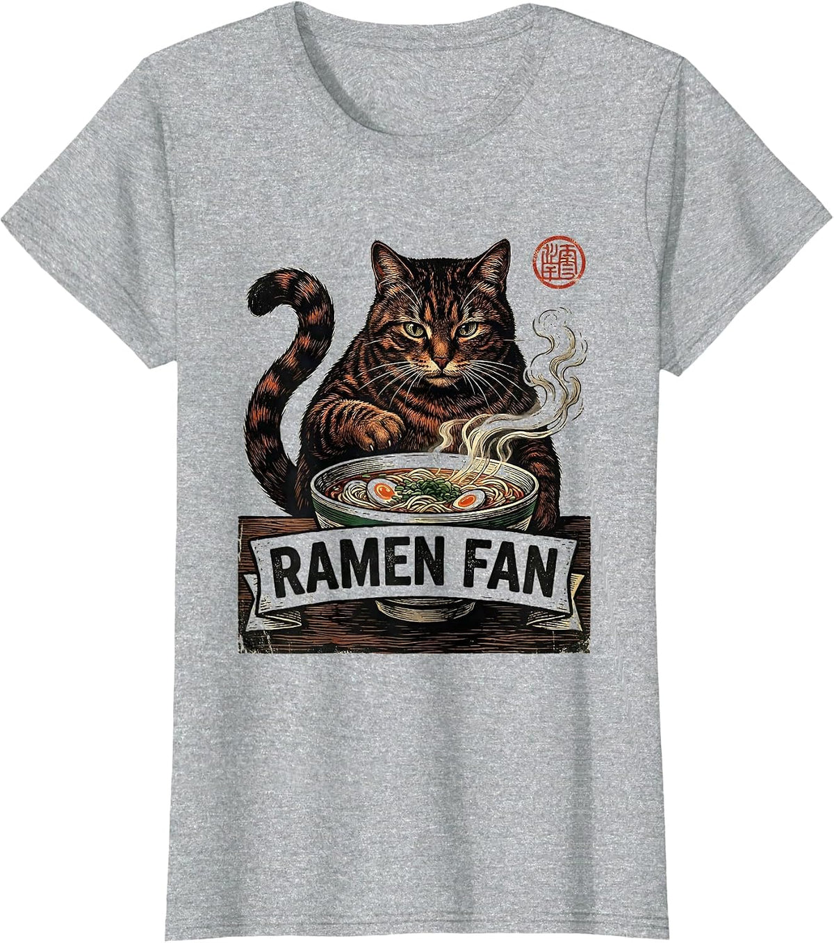 Women's Ramen Fan Vintage Kawaii Cat Anime Japanese Food Lover T-Shirt - Heather Grey