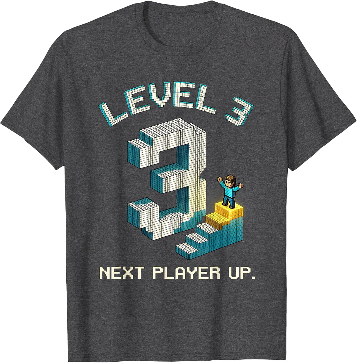 Men's Level 3 Next Player Up Pixel Gamer Birthday Boy T-Shirt - Dark Heather Grey