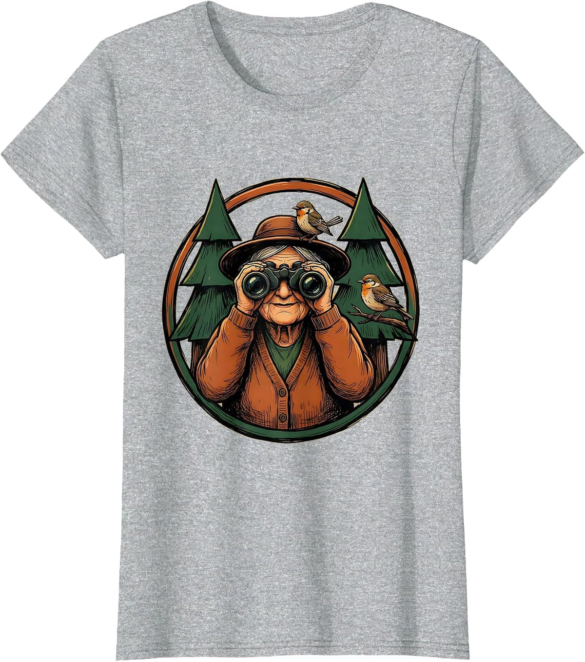 Mimi Bird Watching Grandma in Forest Illustration T-Shirt - Heather Grey