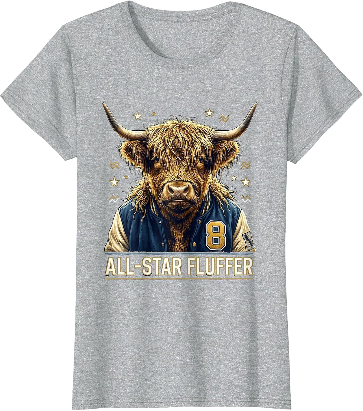 All-Star Fluffer Highland Cow Varsity Design T-Shirt - Heather Grey