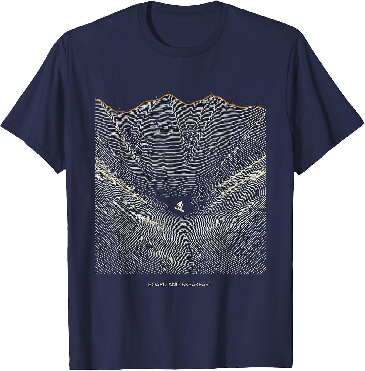 Board And Breakfast Topographic Contour Snowboarder Humor T-Shirt - Navy Blue