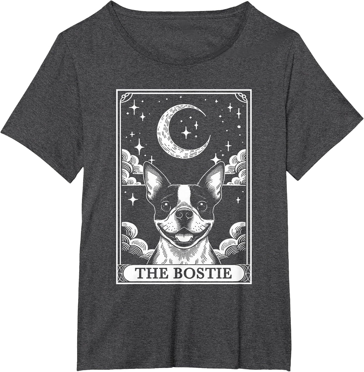Tarot Card Vintage Crescent Moon Boston Terrier Dog Mom T-Shirt - Dark Heather Grey