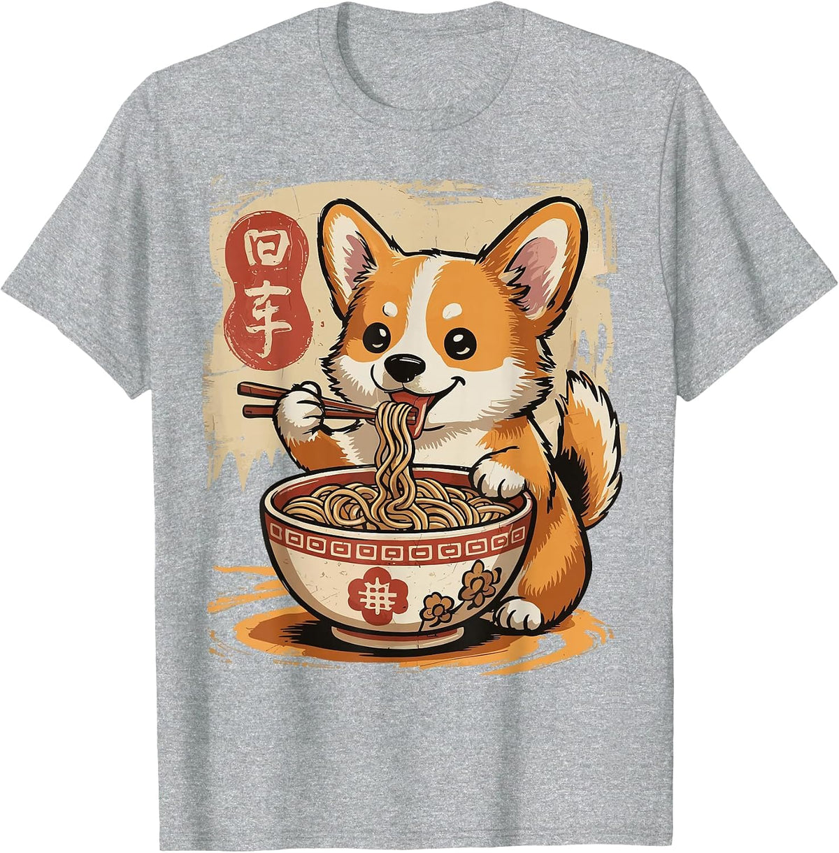 Corgi Eating Ramen T-Shirt - Heather Grey