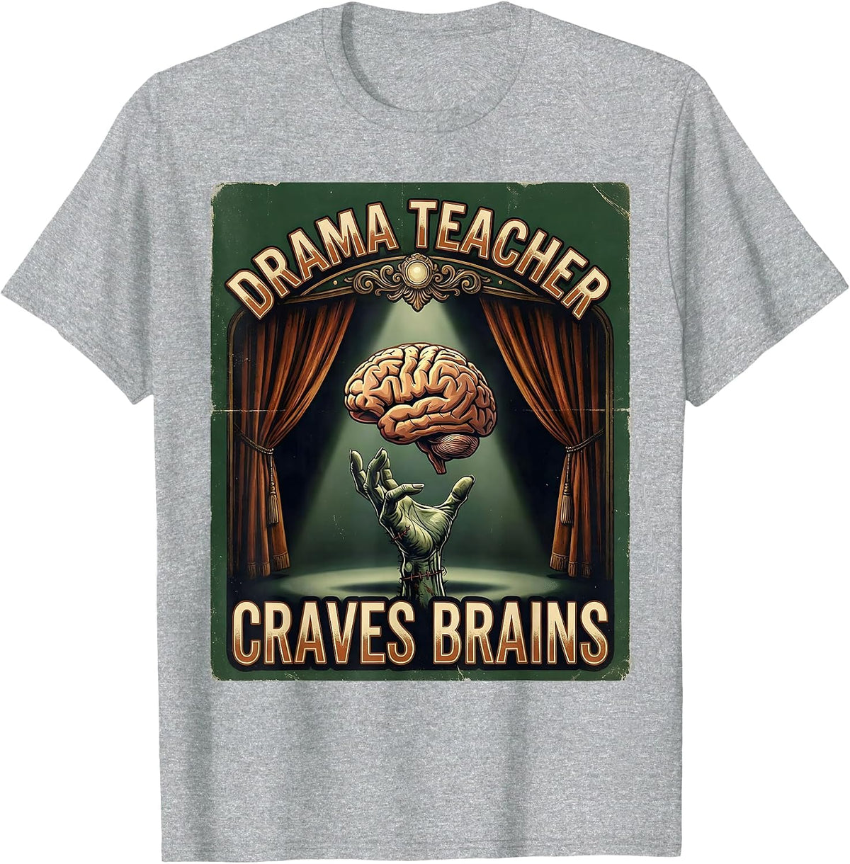 Men's Drama Teacher Craves Brains Vintage Halloween Teacher Zombie T-Shirt - Heather Grey