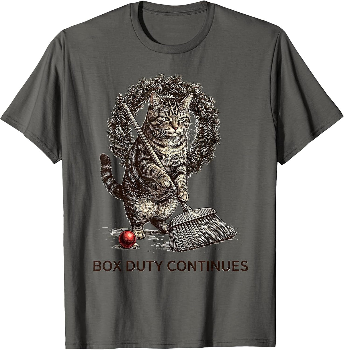 Box Duty Continues Sarcastic Cat Lover Christmas Humor T-Shirt - Asphalt Grey