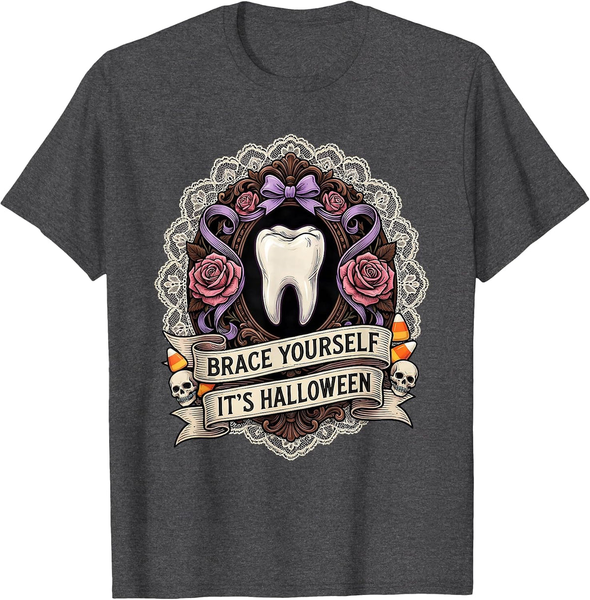 Men's Brace Yourself It's Halloween Dental Design T-Shirt - Dark Heather Grey
