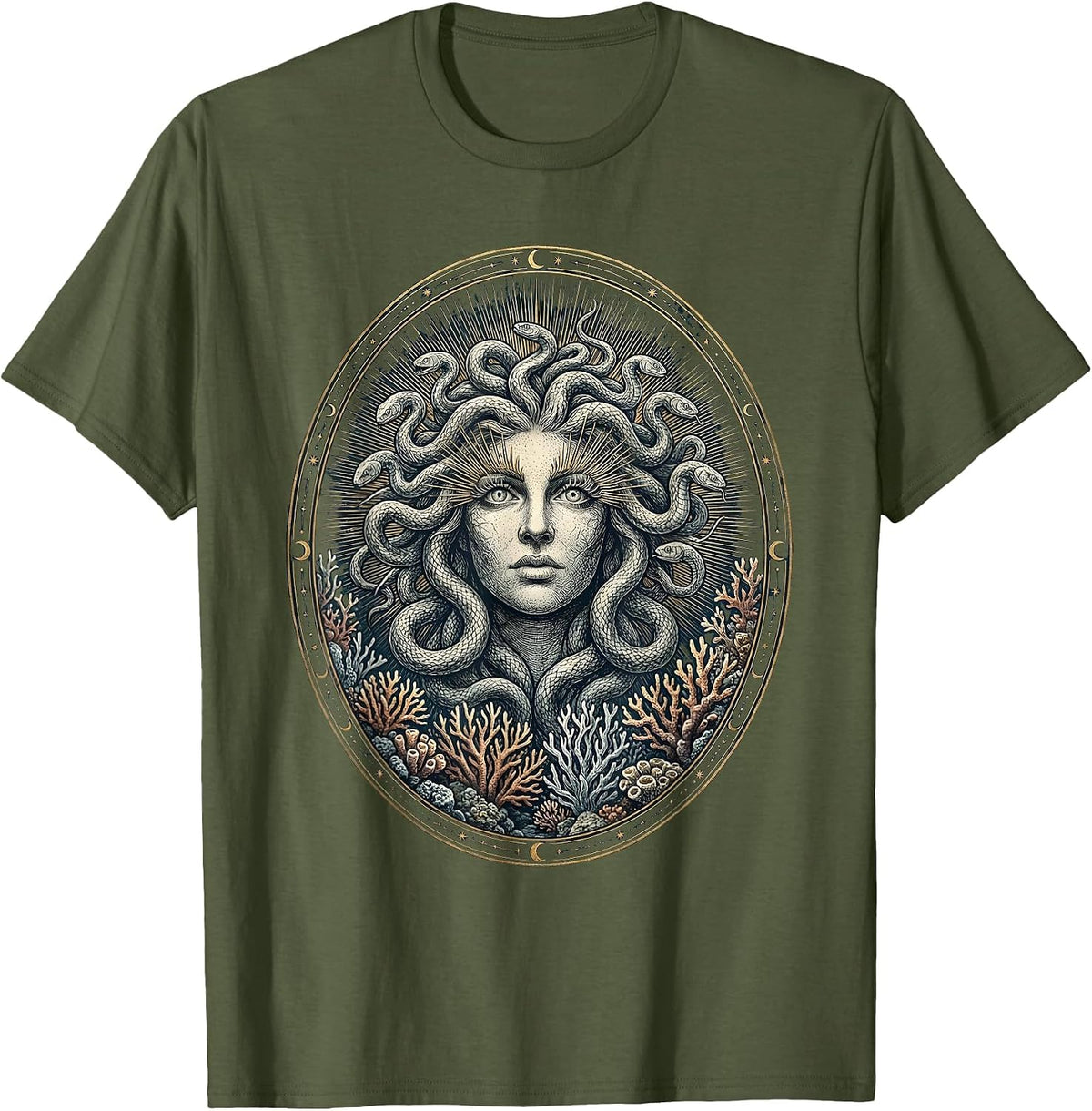 Medusa's Reef Petrified Fish Coral Design T-Shirt - Olive Green