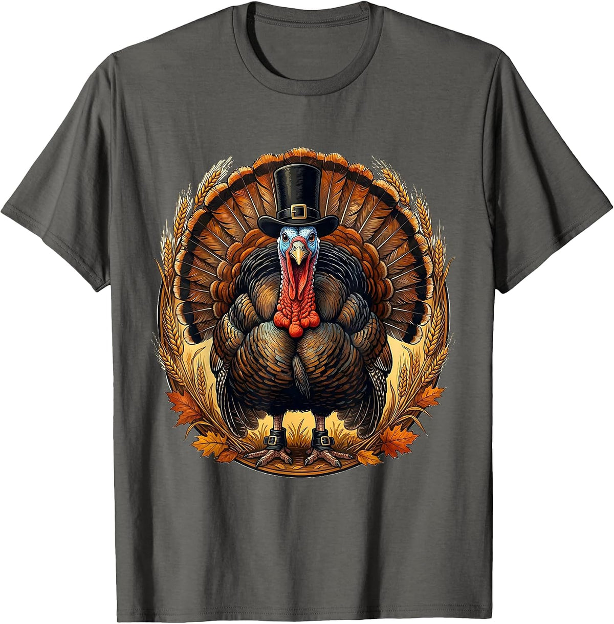 Thanksgiving Pilgrim Turkey Holiday Graphic T-Shirt - Asphalt Grey