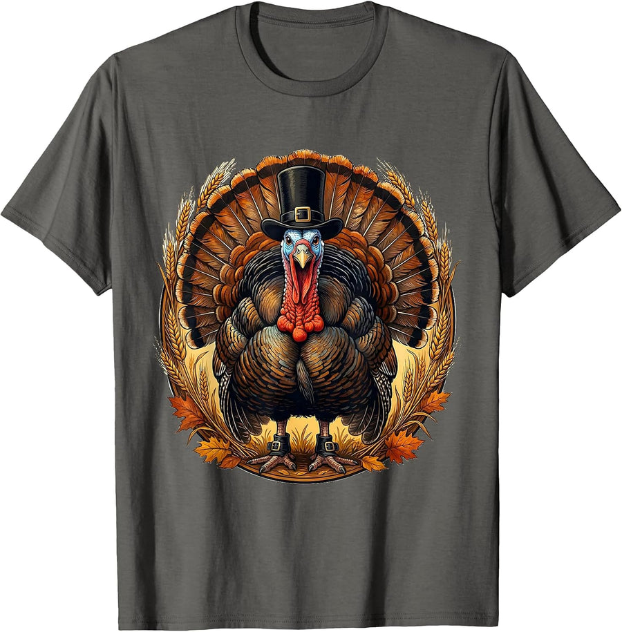 Thanksgiving Pilgrim Turkey Holiday Graphic T-Shirt - Asphalt Grey