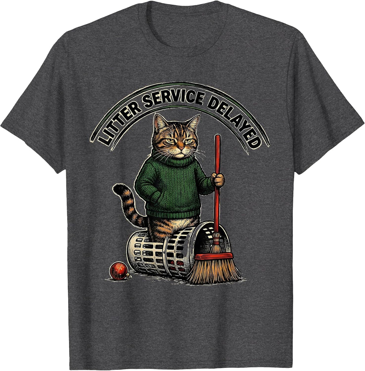 Litter Service Delayed Vintage Funny Cat Lover Christmas T-Shirt - Dark Heather Grey