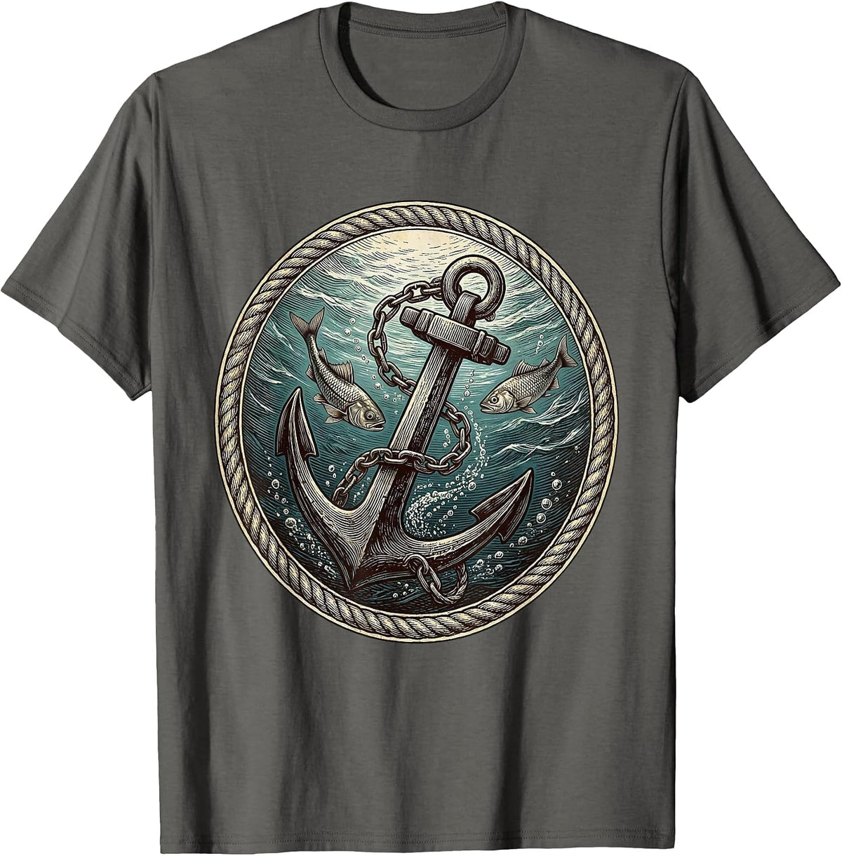 Men's Sinking Anchor Ocean Pirate Graphic Tee T-Shirt - Asphalt Grey