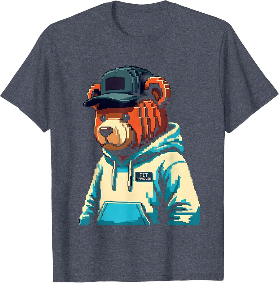 Fit Approved Pixel Art Teddy Bear Hip Hop Streetwear Cute T-Shirt - Heather Blue