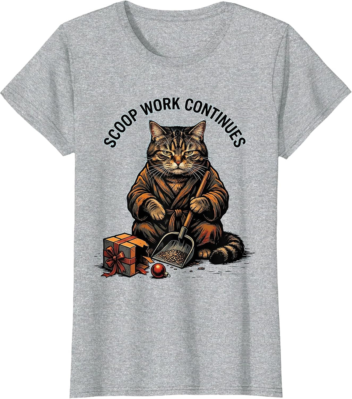 Scoop Work Continues Funny Cat Lover Christmas Grumpy Humor T-Shirt - Heather Grey