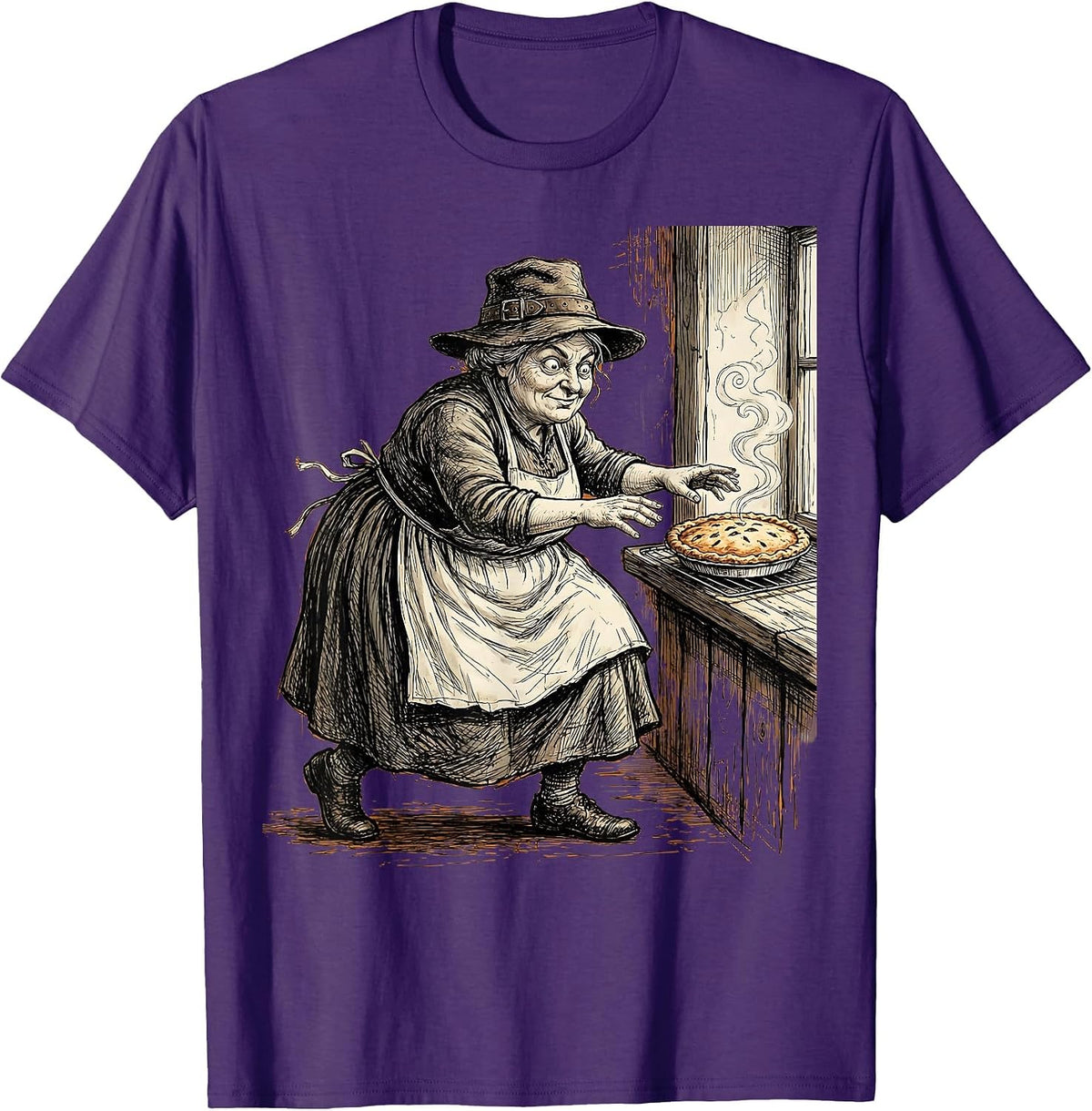 Funny Thanksgiving Pilgrim Pie Sneak Graphic T-Shirt - Purple