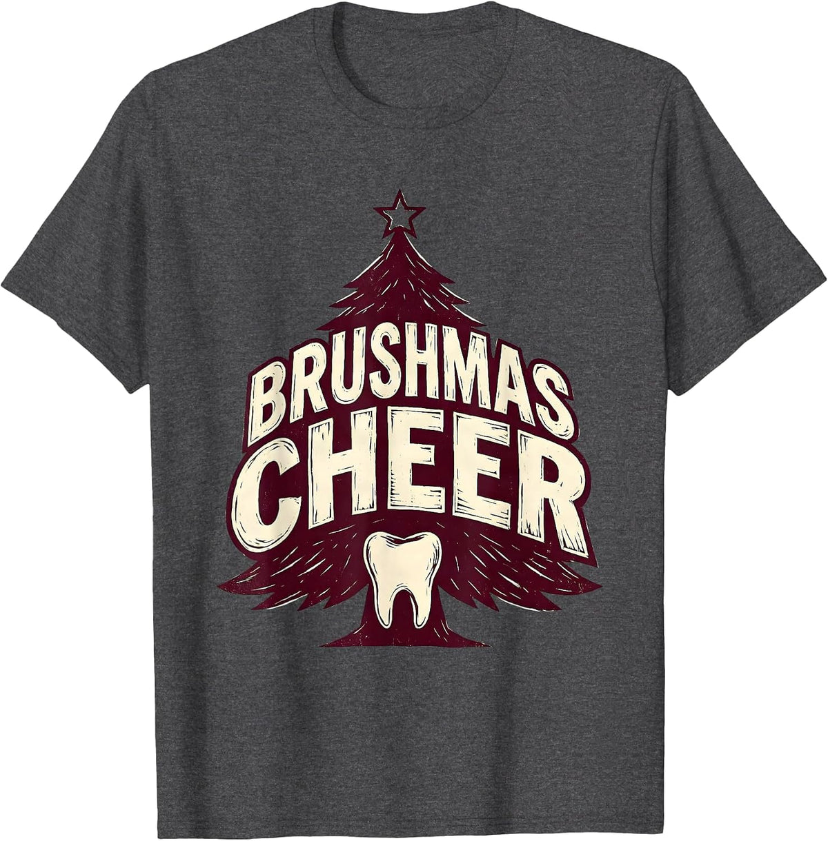 Brushmas Cheer Linocut Dental Office Holiday Humor T-Shirt - Dark Heather Grey