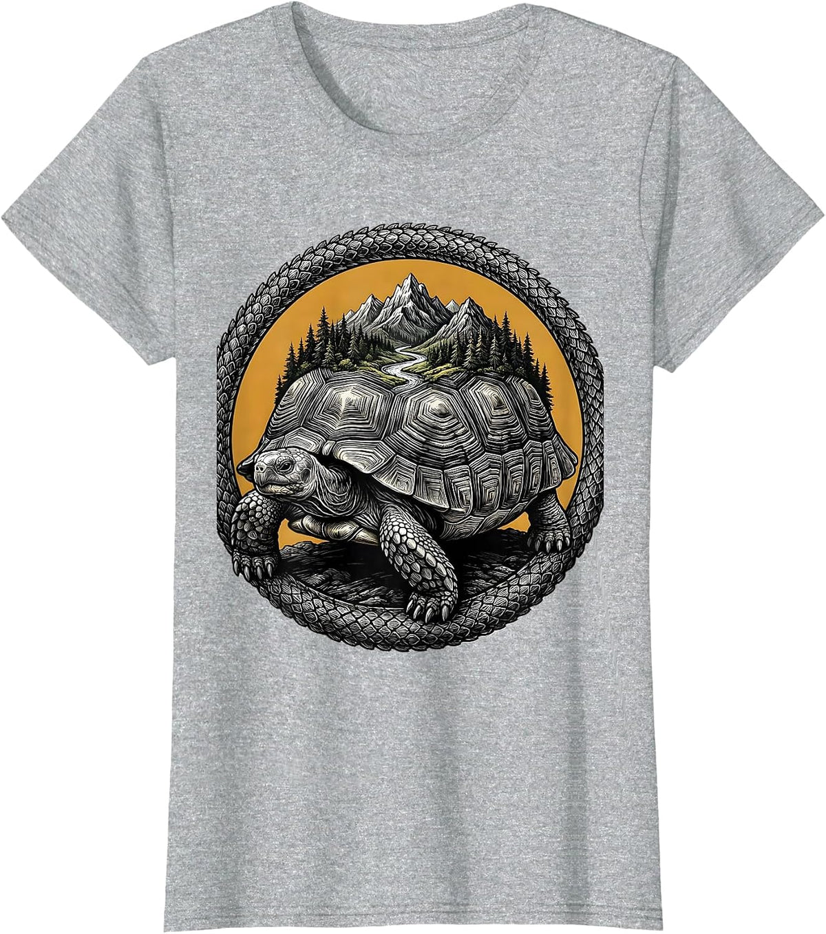 Women's Tortoise Carrying Ecosystem on Shell Nature Art T-Shirt - Heather Grey