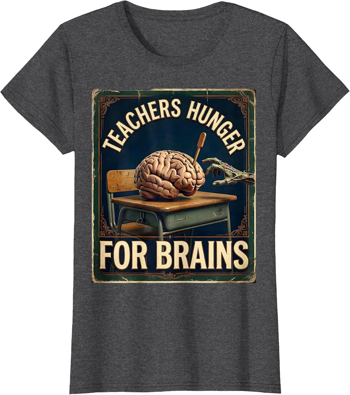 Women's Teachers Hunger For Brains Vintage Funny Halloween Teacher T-Shirt - Dark Heather Grey