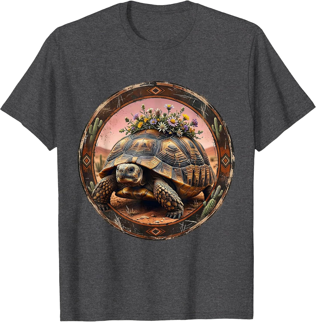 Desert Tortoise Floral Crown Western Nature Art T-Shirt - Dark Heather Grey