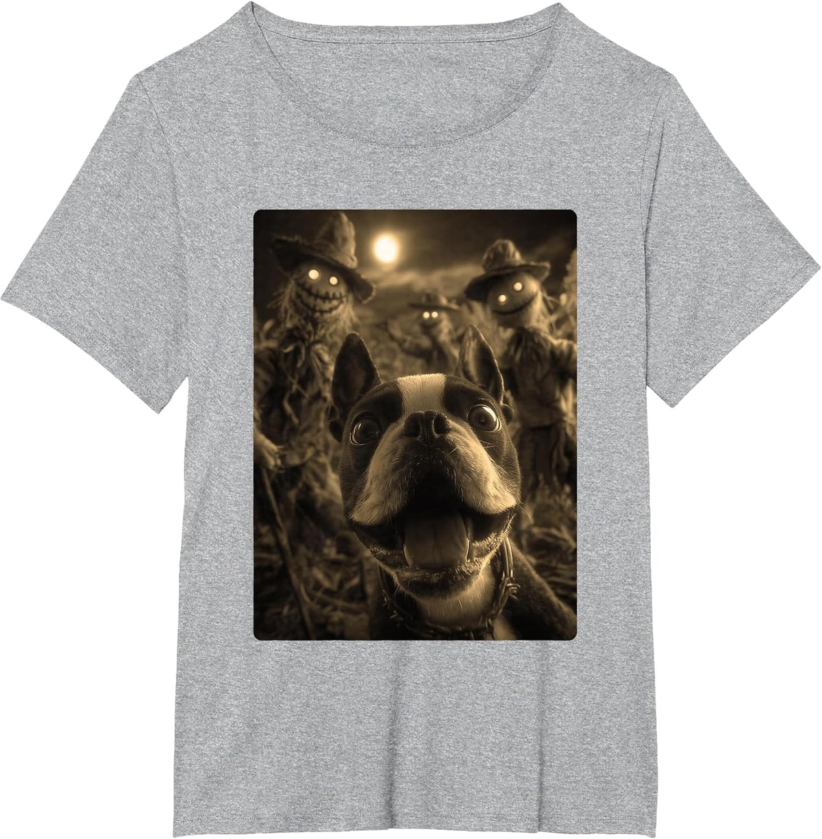 Vintage Boston Terrier Selfie Spooky Scarecrows Halloween T-Shirt - Heather Grey